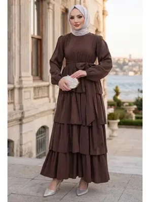 hafsamina Beli Lastikli Bağlamalı Kat Kat Modal Elbise Kahverengi HM2915
