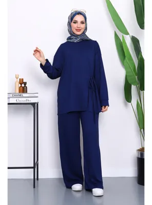 İmajButik Lacivert Yan Bağlamalı Tunik Pantolonlu Modal Takım