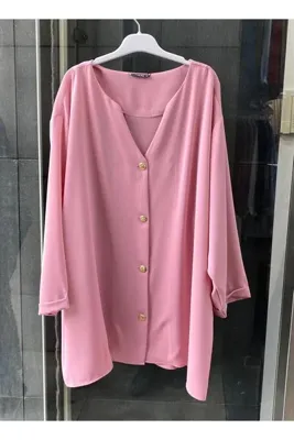 PERA MODA Büyük Beden Gold Düğmeli V Yaka Şık Kadın Gömleği
