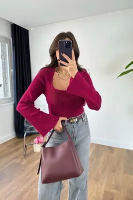 BİRCANÇİL Lena Işıltılı Bordo Kare Yaka Çelik Triko