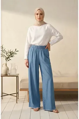 sefamerve Tensel Kumaş Beli Lastikli Cepli Bol Paça Kot Pantolon 14514-03 Kot Mavi