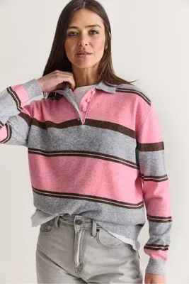 Bianco Lucci Kadın Gri-Pembe Polo Yaka Düğmeli Çizgili Oversize Triko Kazak TK261074 60286486