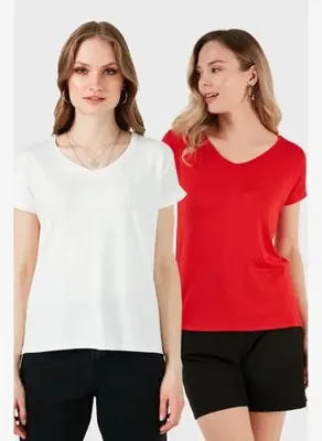 Lela V Yaka Relaxed Fit Yırtmaç Detaylı 2'li Paket Bluz Kadın BLUZ 5862000S2