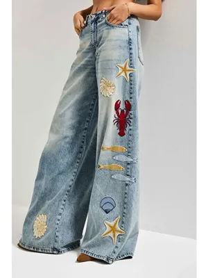 it's basic Kadın Jean Rengi 4s6-32 Palazzo Fit Deniz Dünyası Nakışlı Özel Tasarım Denim Jean