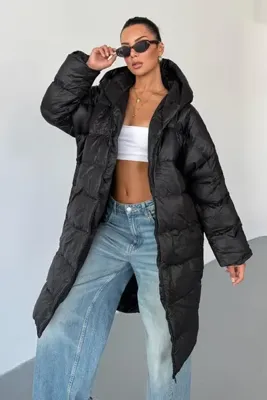 NET OF NOT Yeni Sezon Kapüşonlu Oversize Astarlı Uzun Şişme Siyah Su Geçirmez Cepli Kadın Mont