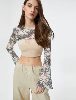 Koton Ajurlu Kroşe Crop Bolero Tişört Uzun Geniş Kollu Batik Desenli