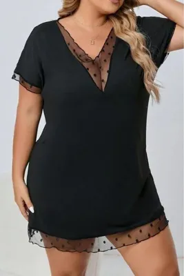 Qvien Secret Siyah Rahat Kesim Büyük Beden Puantiyeli Tül Detaylı Gecelik Xl-XXl-2Xl-3Xl