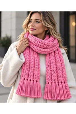 Valens Kadın Kalın Örgü Püsküllü Kışlık Atkı – Pembe