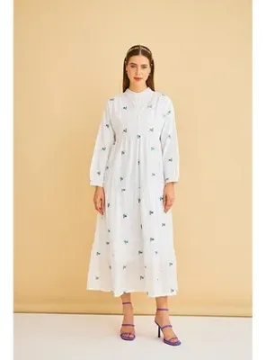 BASICPARK Guıpure Nakışlı ve Düğmeli Brode Oversize Yeşil Elbise Yeşil
