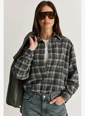 Shade Kadın Oversize Ekose Desenli Oduncu Gömlek DG261035 60286552 - Haki-Ekru
