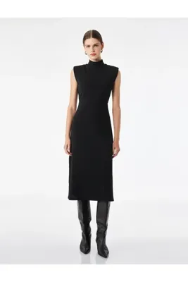 Koton Krep Scuba Kumaş Slim Fit Kolsuz Dik Yaka Midi Elbise