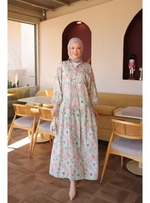 İmaj Butik Yeşil Yarım Düğmeli Kol Lastikli Desenli  Elbise
