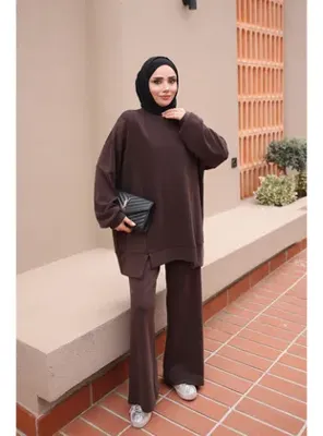 İmaj Butik Kahverengi Bisiklet Yaka Taşlı Tunik Pantolonlu Takım
