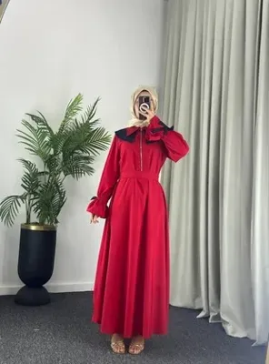 Esre Store 4513 - Yakalı Tesettür Elbise Kirmizi