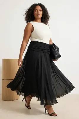 Trendyol Curve Siyah Maxi Büzgü/Drape Detaylı Boho/Boho Chic Basklılı Tül Esnek Örme Etek TBBAW26AZ00059