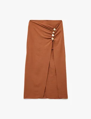 Koton Aerobin Kumaş Drape Detaylı Taşlı Yırtmaçlı Midi Etek