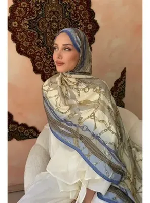 İmaj Butik Mavi Desenli İpek Şal