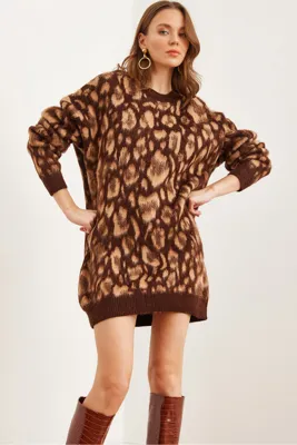 Olalook Kadın Camel Şardonlu Oversize Leopar Tunik Elbise ELB-19002298