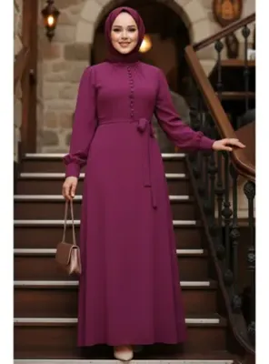 Neva Style Düğme Detaylı Fuşya Tesettür Elbise 2703F