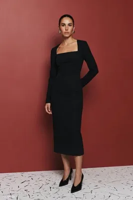 Sateen Midi Boy Uzun Kollu Klasik Elbise - Siyah
