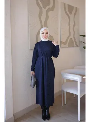 İmaj Butik Lacivert Merserize Taşlı Triko Elbise