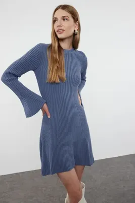 TRENDYOLMİLLA Indigo Mini Triko A-Line Formda Elbise TWOAW25EL00030