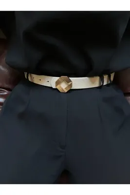 LİA KEMER Muse Dörtgen Desenli Kadın Gold Tokalı Kemer Bel Kemeri Ceket Kemeri Elbise Kemeri Pantolon Kemeri