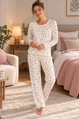 PİJART Ekru Love-Kalp Desenli Örme Pijama Takımı