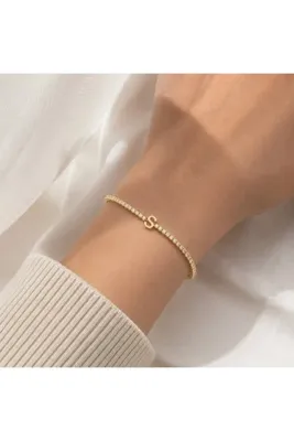 SY AKSESUAR S Harf Çelik Bileklik Zirkon Taşlı Ayarlanabilir Gold Kadın Bileklik