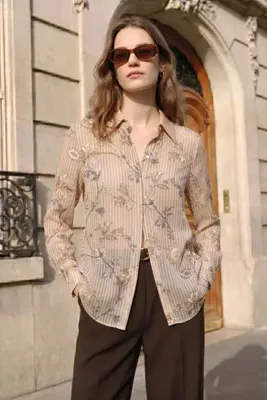 Sateen Çizgi ve Çiçek Desenli Gömlek - Kahve