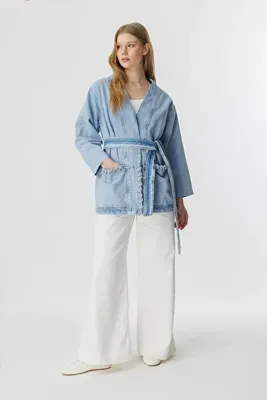 Hooopstore Sinna Örgü Açık Mavi Denim Ceket