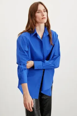 ETHIQUET CELIA Kadın %100 Organik Pamuklu Oversize Fit Bol Kesim Tek Cepli Dokuma Lacivert Gömlek