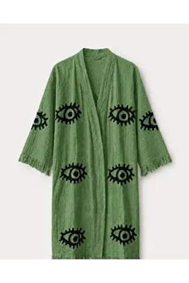 Orbit Ticaret Müslin Kimono Bornoz, Saçaklı Plaj Elbisesi, Yazlık Sabahlık, Hafif Kurulanma Örtüsü, Spa Hamam Havuz ve Tatil Kullanımı