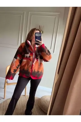 Chamakh Kadın Fermuarlı Peluş Ceket Dağ Geyik
