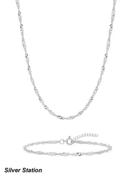 Silver Station 925 Ayar Gümüş Zincir Set - Singapur Kolye ve Bileklik Set 40-45-50-55-60-75 cm