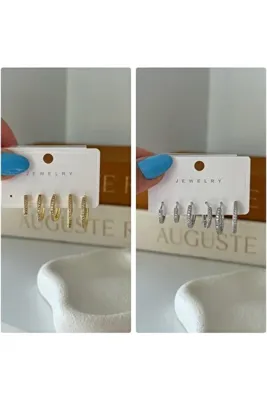 AURA ATELİER MODA Zirkon Taşlı 3'lü Halka Küpe Seti Kadın Renk Seçenekli Hediyelik