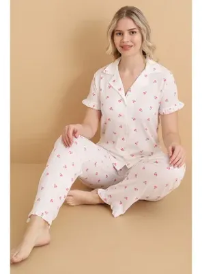 Mirano 3854 Gül Desenli Bürümcük Gömlek Yaka Düğmeli Kısa Kollu Kadın Pijama Takımı
