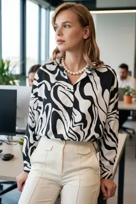 armonika Kadın Siyah Desenli Oversize Uzun Basic Gömlek Arm-22Y001148