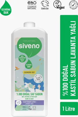 Siveno %100 Doğal Sıvı Kastil Sabun Lavanta Yağlı Cildi Rahatlatıcı Nemlendirici Arındırıcı Bitkisel Vegan 1000 ml
