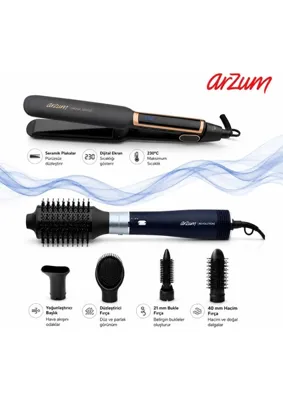 Arzum AR5162 Revolution Iyonik Hava Üflemeli Saç Şekillendirici + AR5035 Mona Sense Dijital Ekranlı Seramik Saç Düzleştirici Profesyonel Saç Bakım Seti
