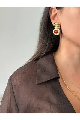 ringbox Gold Bordo Taşlı Oval Modelli Küpe