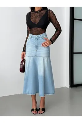 HerTon Denim Midi Etek – Geniş Kesim, Yüksek Bel