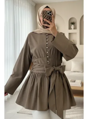 Podyumplus Beli Bağcıklı Boydan Taş Düğmeli Tunik -Açık Kahve
