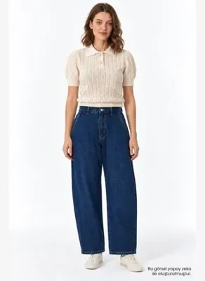 Exquise Geniş Paça Cepli Fermuarlı Regular Denim Pantolon