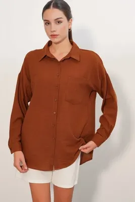 Bigdart 20153 Tek Cepli Oversize Keten Gömlek - A. Kiremit