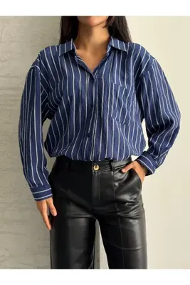 modazoom Kadın Çizgili Oversize Uzun Basic Gömlek