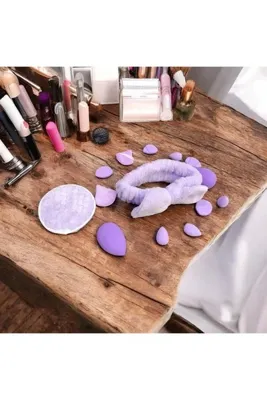 miss sindi Peluş Tavşan Kulaklı Makyaj Bandı ve Makyaj Süngeri Seti 12 Parça