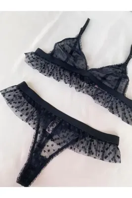 Leonia Design Koza Puantiyeli Dantelli Bralet Takım