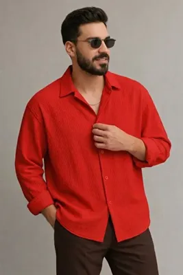 bb butik basic Ütü İstemeyen Oversize esnek Bürümcük kumaş Gömlek KIRMIZI