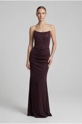 SpringStore Kahve Simli Yakası Balenli Straplez Abiye